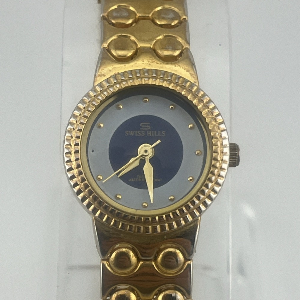 Swiss Hills Watch Women 23mm Gold Case 7" Band Blue/White Dial- New Battery